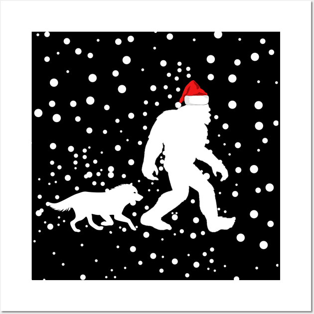 Bigfoot wearing a Santa Claus hat with a wolf  Christmas Gift Wall Art by NIKA13
